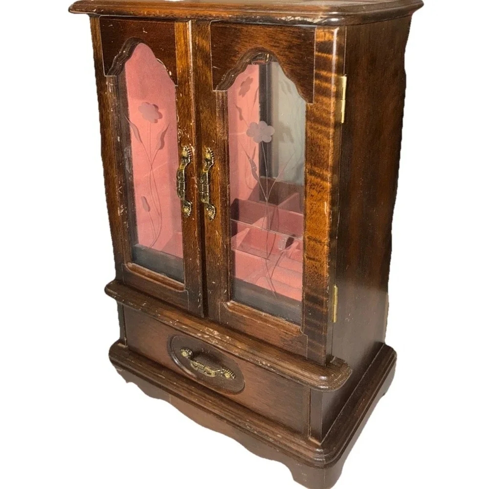 Vintage Jewelry Box Armoire Wood Etched Glass Carousel Mirror Music Box 13x9x5